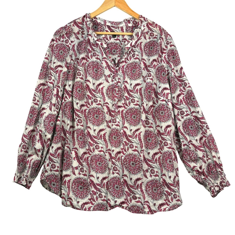 Talbots Long Sleeve Floral Block Print Cotton Blouse XL Pink Cottage Peasant